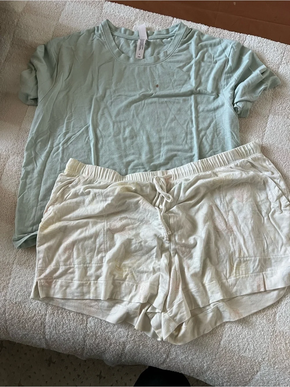 Auden Mint Green Short Sleeve Sleep Top with Cream Drawstring Shorts